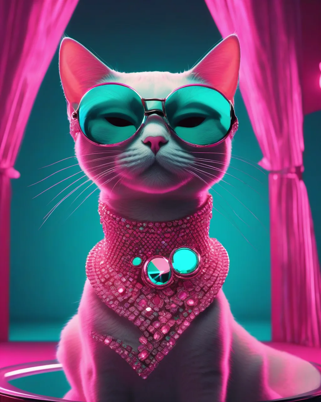 Fashion-editorial cat with jeweled collar on a runway
