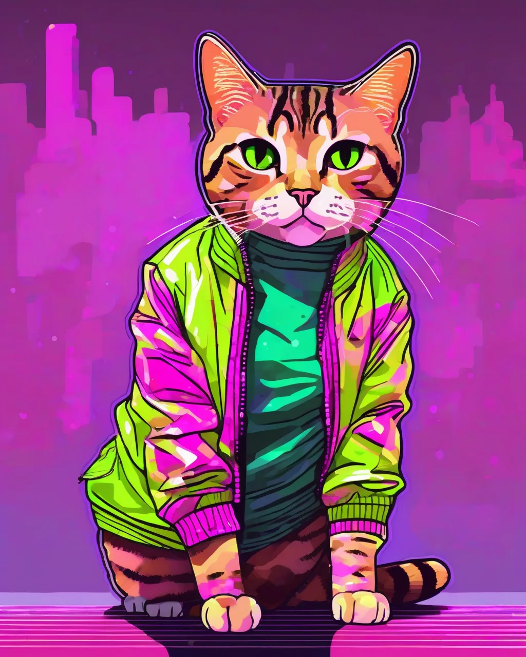 Tabby cat in a sequined jacket under neon editorial light