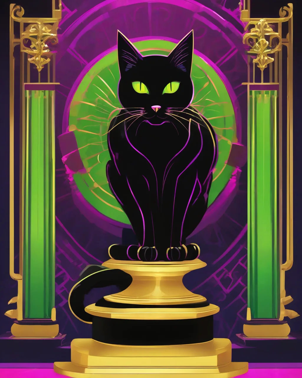 Black cat with jeweled gold collar posed on a velvet pedestal